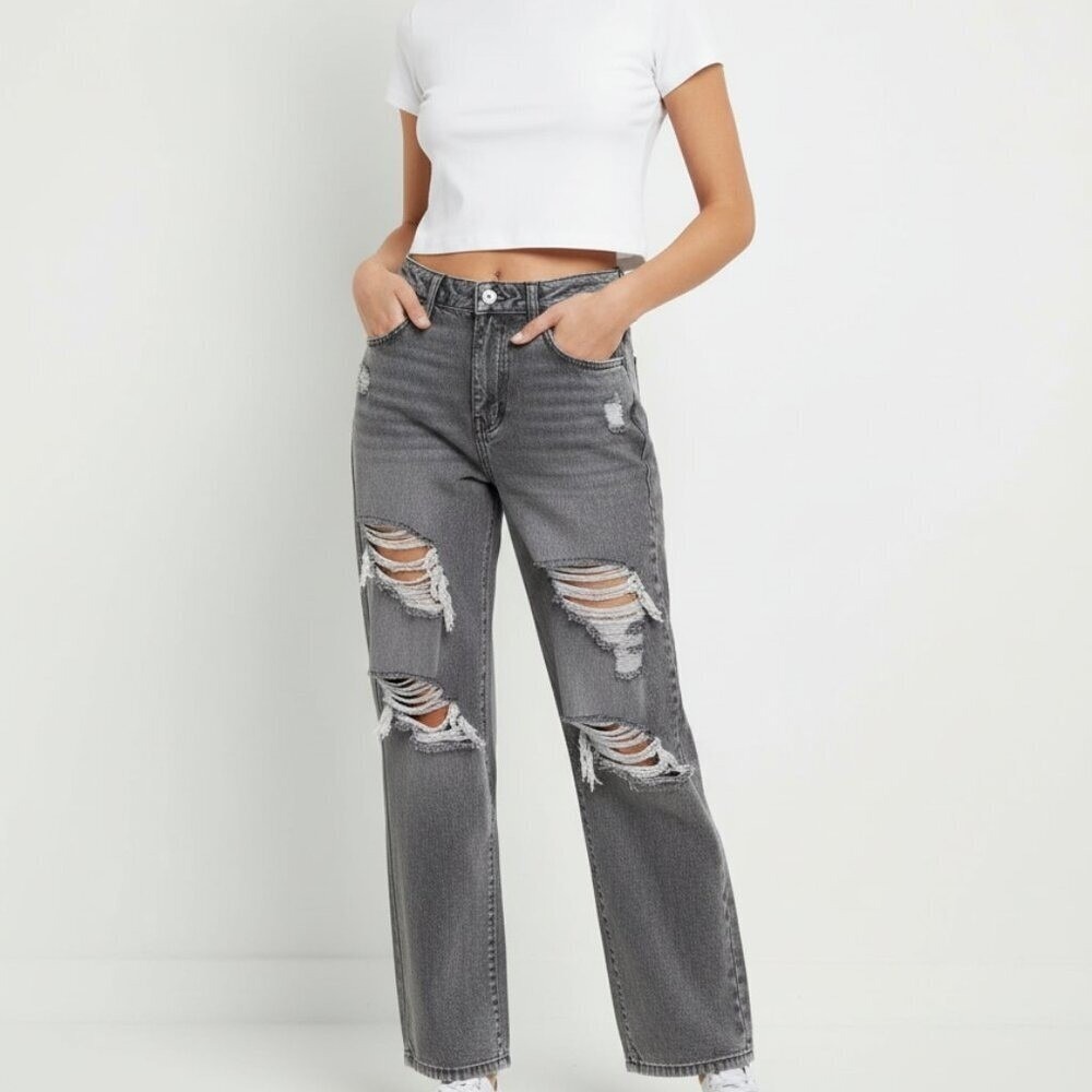 Refuge Denim Wide High Rise Distressed Grey Acid Wash Jeans Womens Size 3